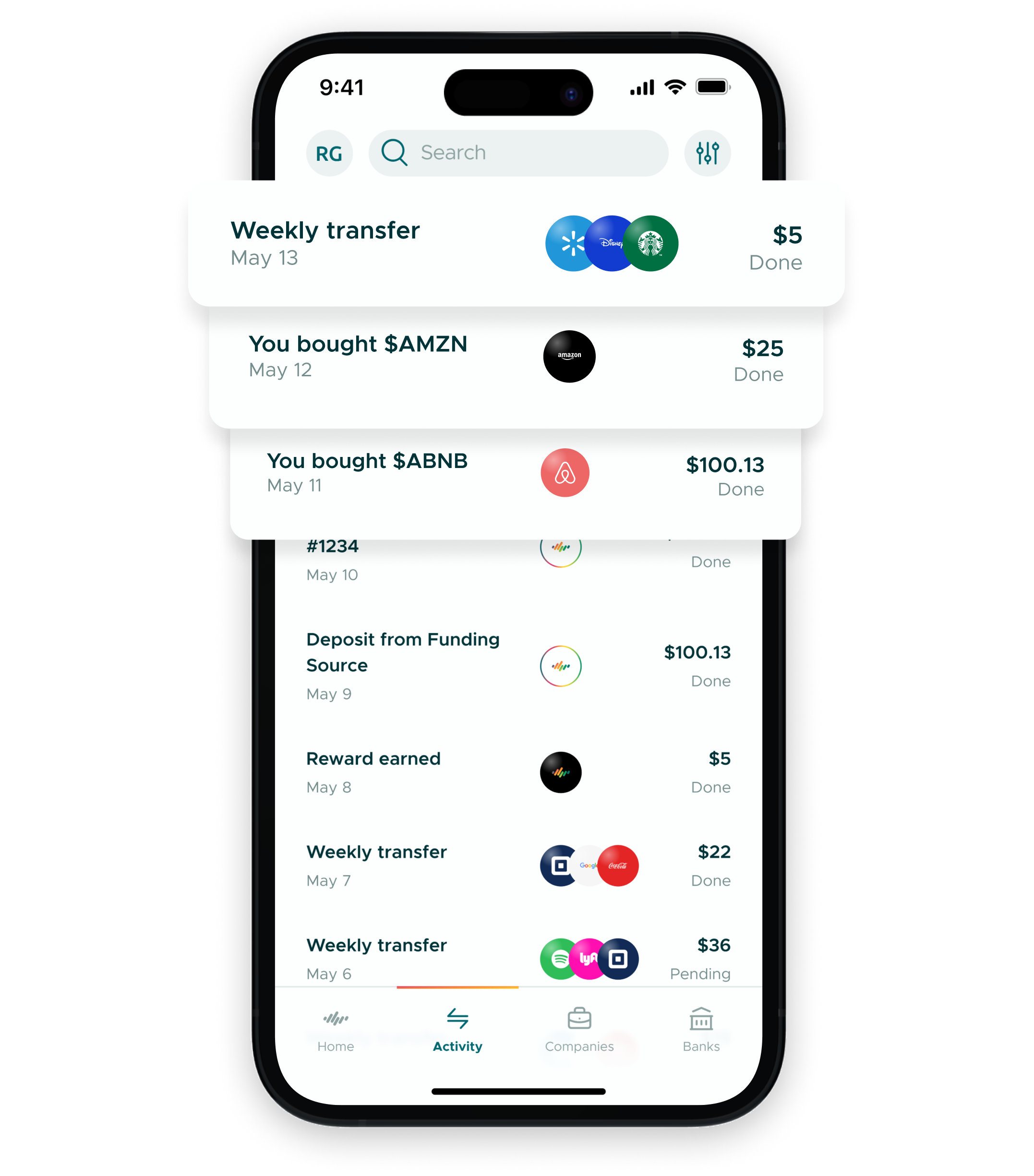 Grifin app showing weekly investment summary with brand purchases